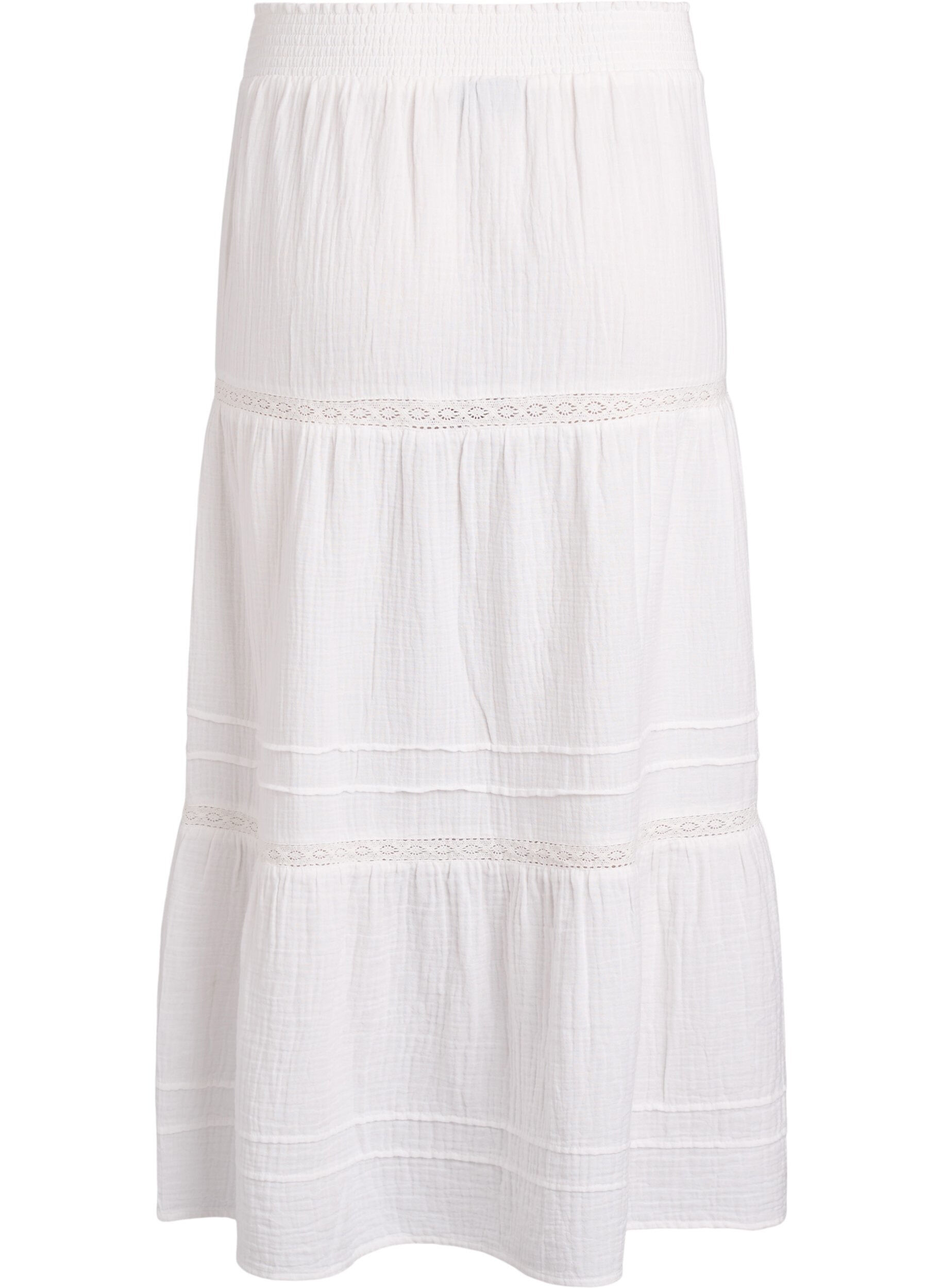 ZizzifashionA-line midi skirt in cotton muslin with crochet band, White, Packshot image number 1