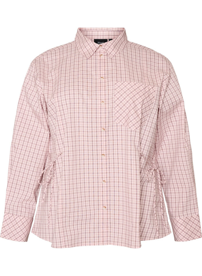 Loose checked shirt with a tie-belt, Rose, Packshot image number 0
