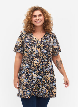 FLASH - Tunic with v neck and print, Brown Blue Flower, Model image number 0