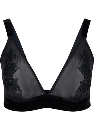 Mesh bra with velour and lace, Black, Packshot image number 0