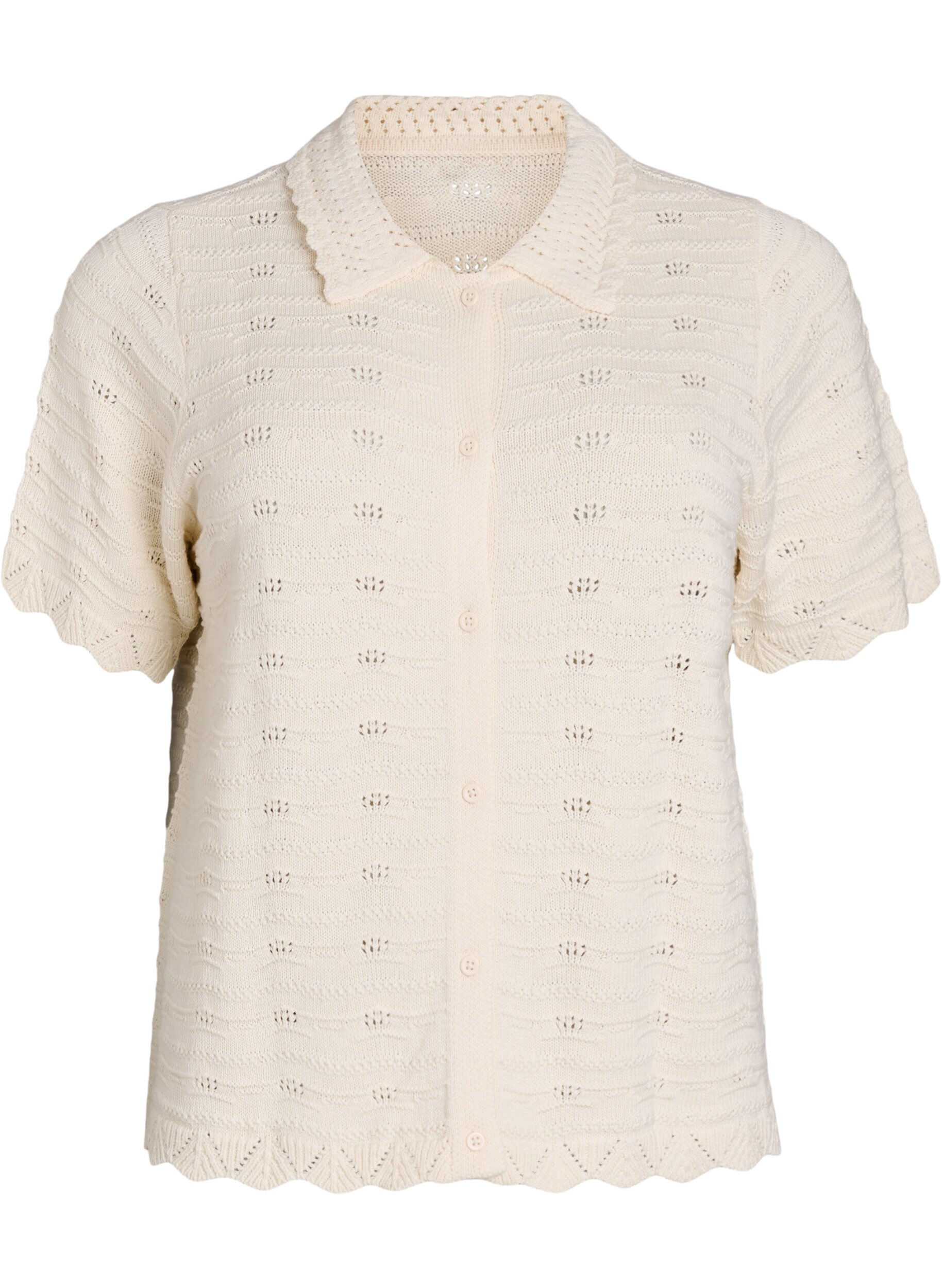 Zizzifashion Short-sleeved knit cardigan with polo collar and eyelet embroidery, Vanilla, Packshot image number 0