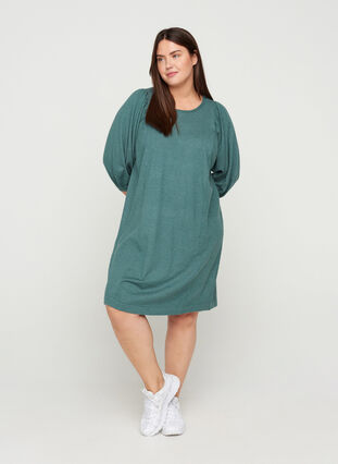 Knitted dress with 3/4 puff sleeves and round neck, Sea Pine Mel., Model image number 0