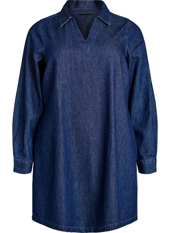 Short denim dress with a V-neck and collar, Blue, Packshot image number 0