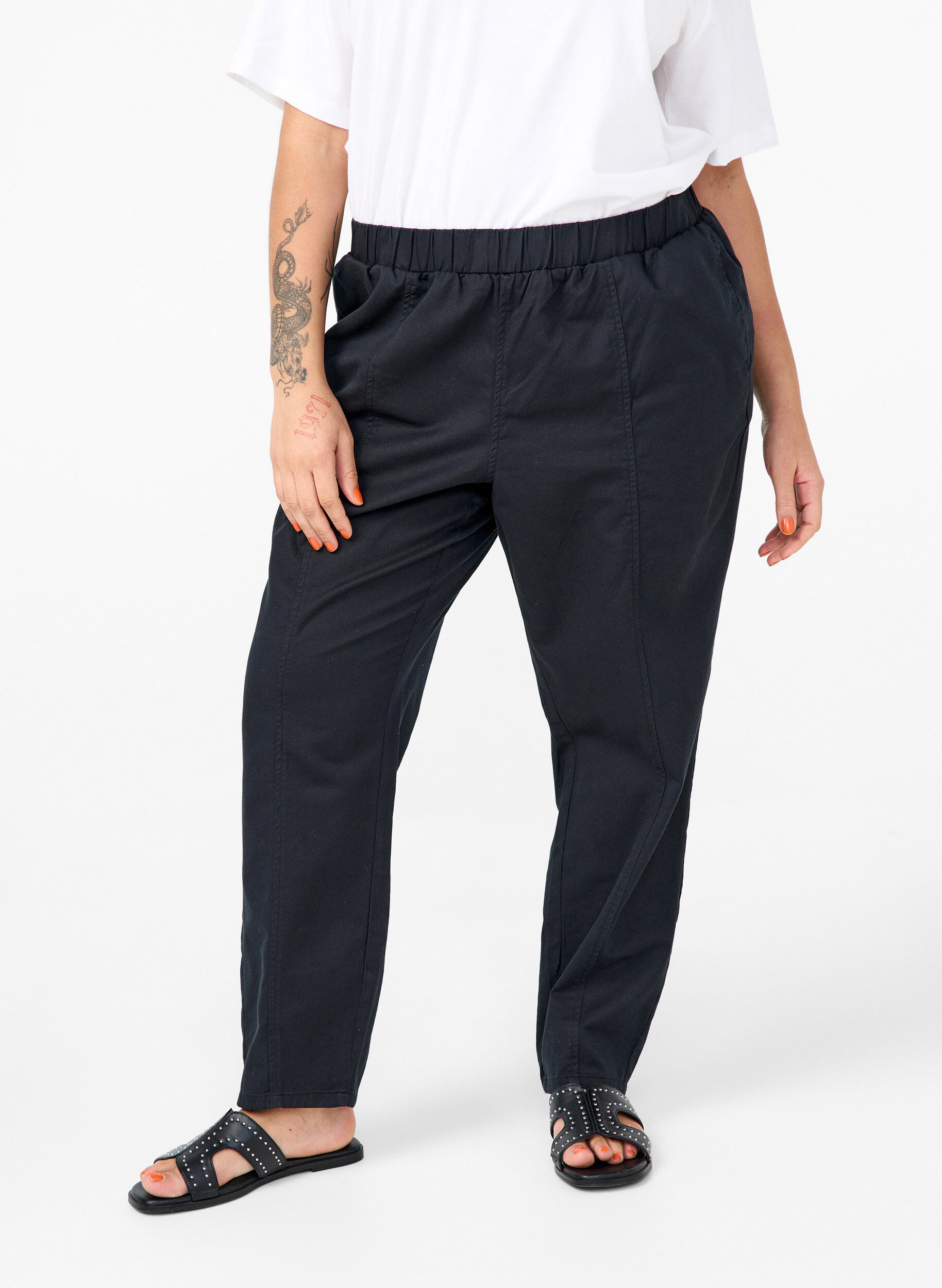 Zizzifashion Cotton and linen trousers with pockets, Black, Model image number 2