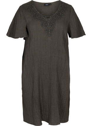 Short-sleeved cotton dress with embroidery, Khaki As Sample, Packshot image number 0
