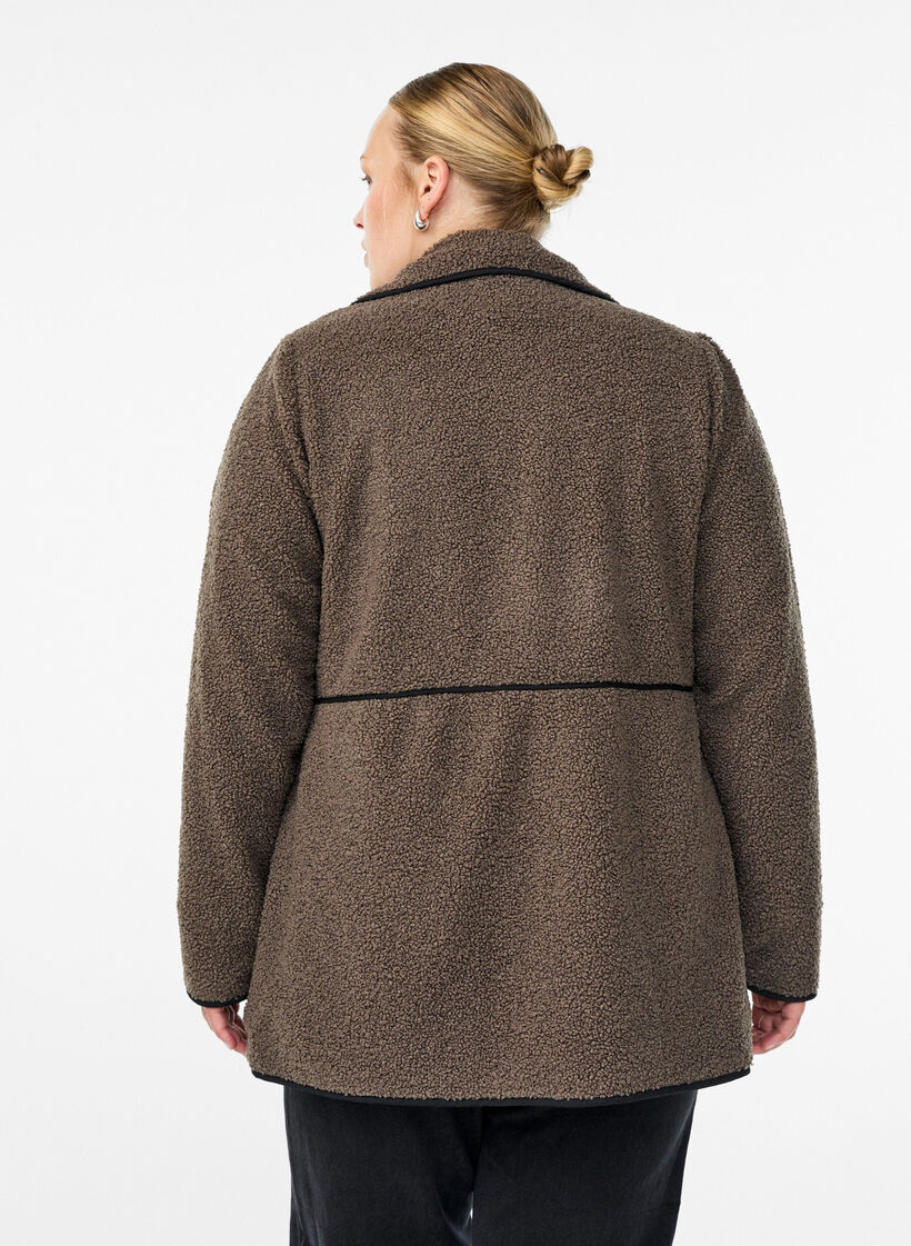 Soft teddy jacket with contrast details, Brown, Model image number 2