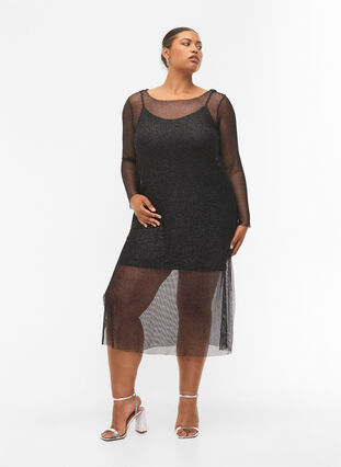 Net dress with long sleeves, Black w. Silver, Model image number 0