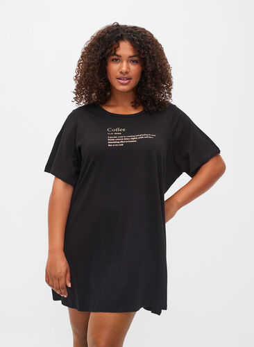 Oversized night t-shirt in organic cotton, Black W. coffee, Model image number 0