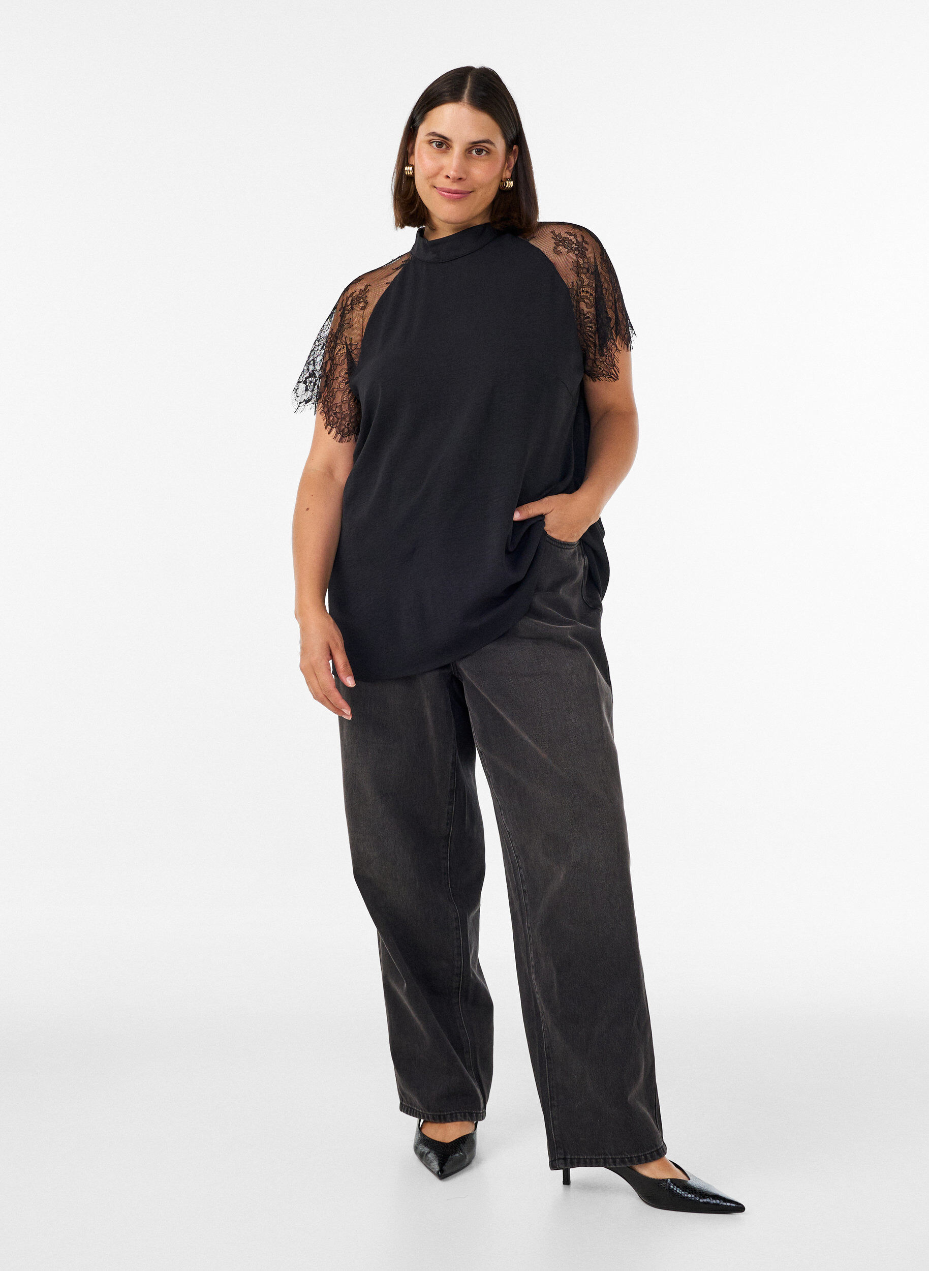 ZizzifashionBlouse with short lace sleeves and high neck, Black, Model image number 1