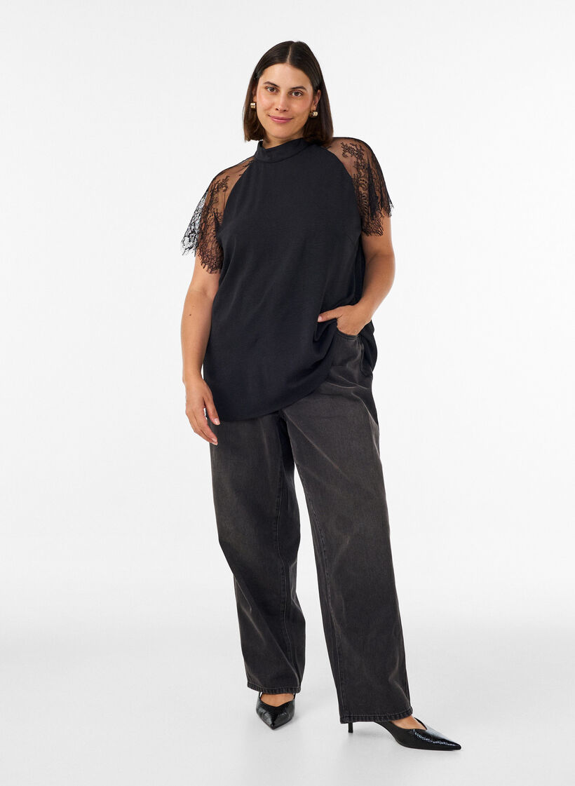 Blouse with short lace sleeves and high neck, Black, Model image number 1