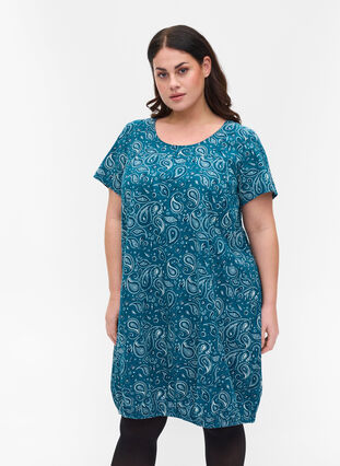 Short-sleeved, printed cotton dress, Dragonfly Paisley, Model image number 0