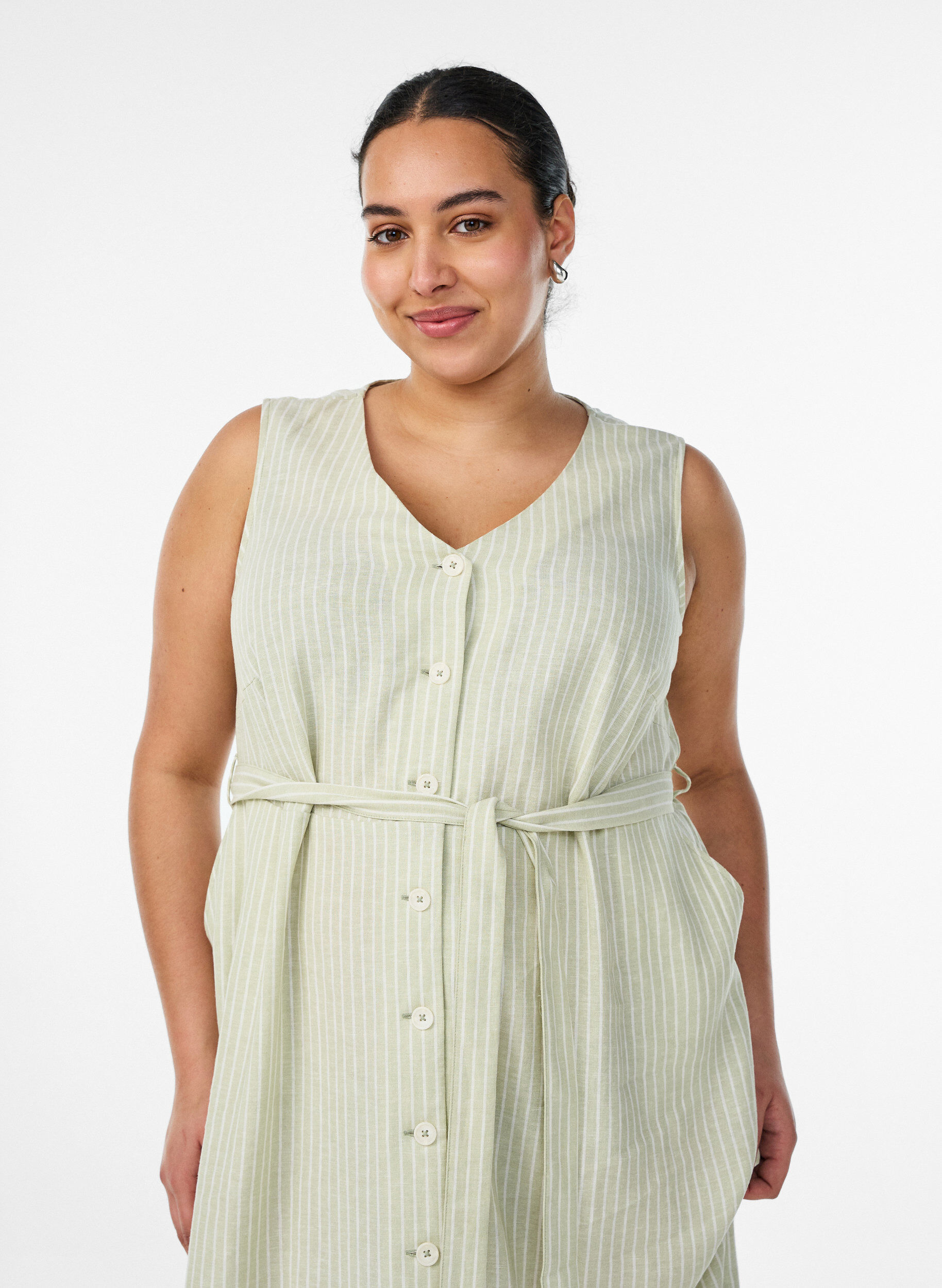 ZizzifashionSleeveless striped midi dress in linen and viscose, Green, Model image number 2