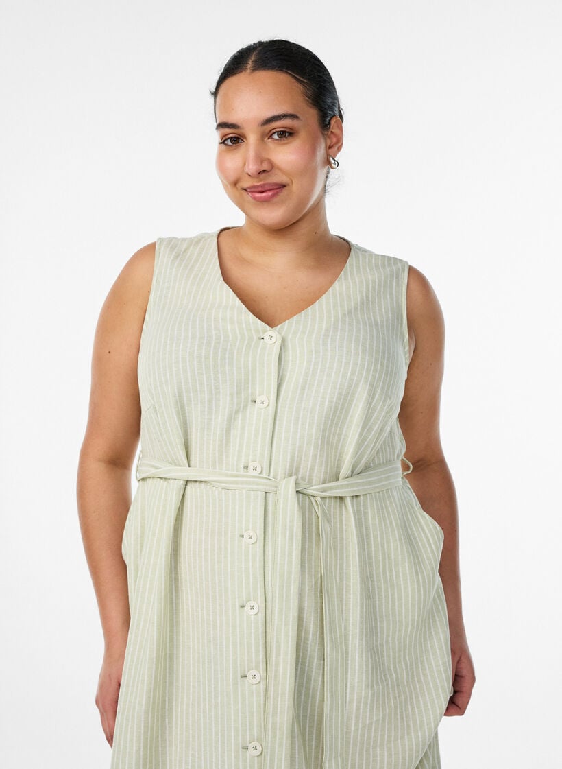 Sleeveless striped midi dress in linen and viscose, Green, Model image number 2