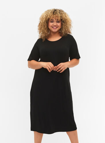 Short-sleeved midi dress in viscose rib quality, Black, Model image number 0