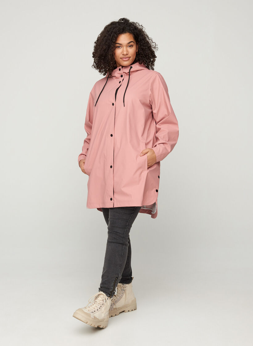 Rain coat with a hood and pockets - Rose - Sz. 42-60 - Zizzifashion