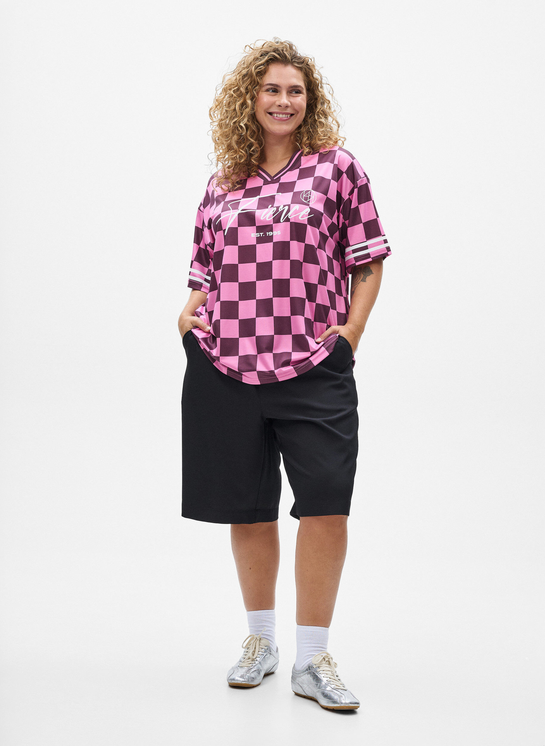 Zizzifashion Sporty T-shirt with checks and text print, Red, Model image number 1