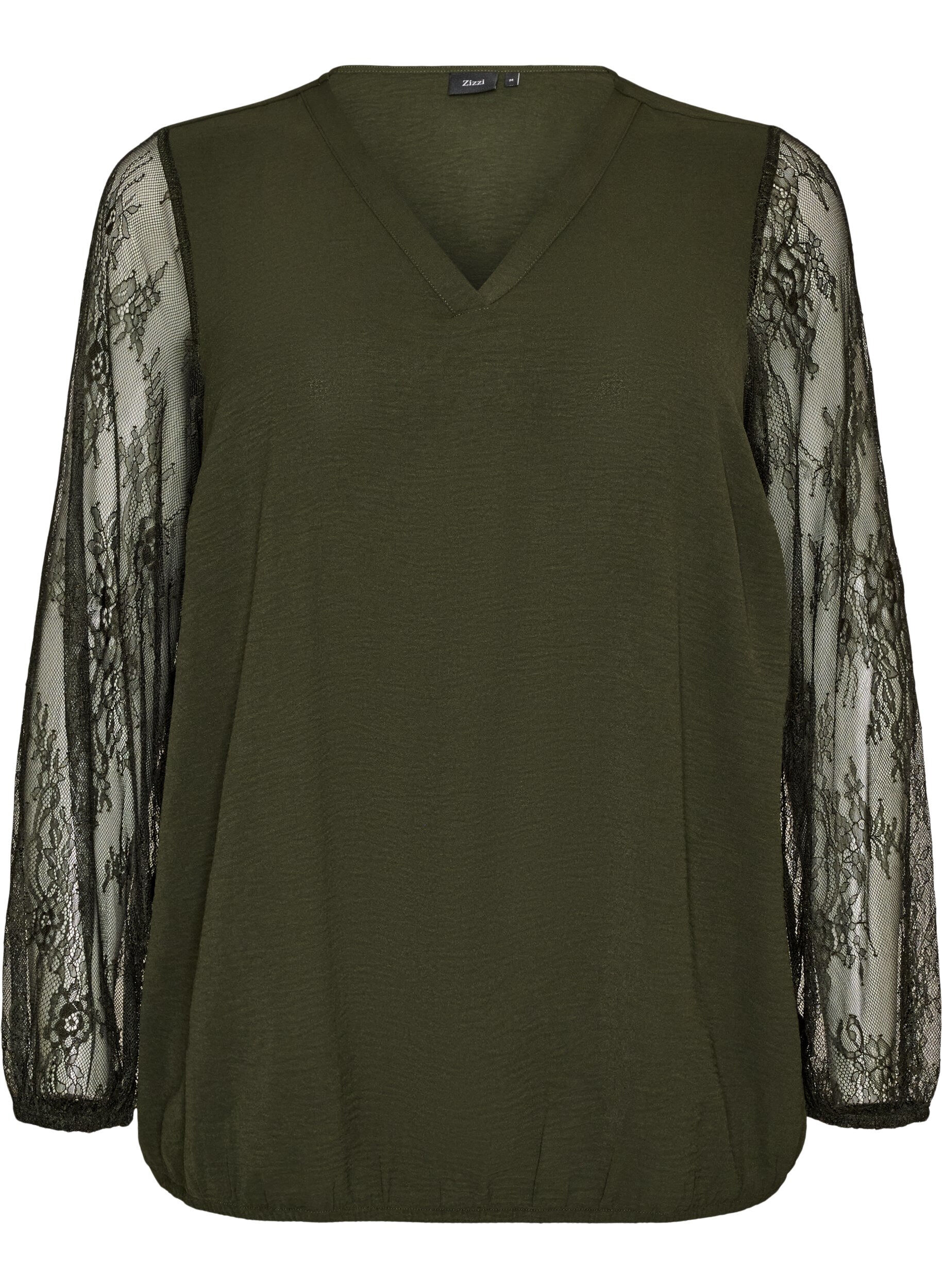 ZizzifashionBlouse with lace sleeves and balloon shape, Green, Packshot image number 0