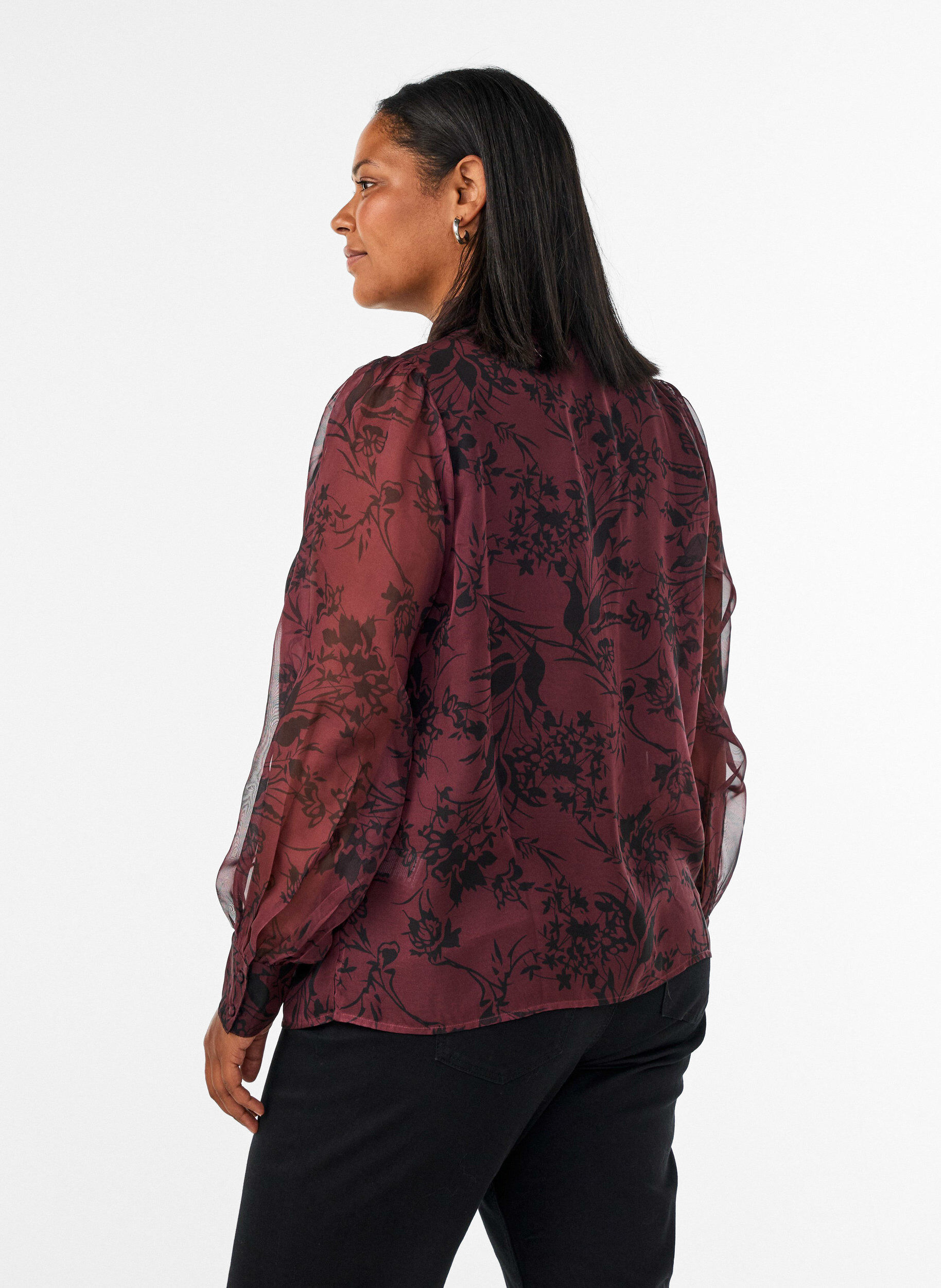 ZizzifashionSheer shirt blouse with floral pattern and tie detail, Dark Bordeaux, Model image number 2