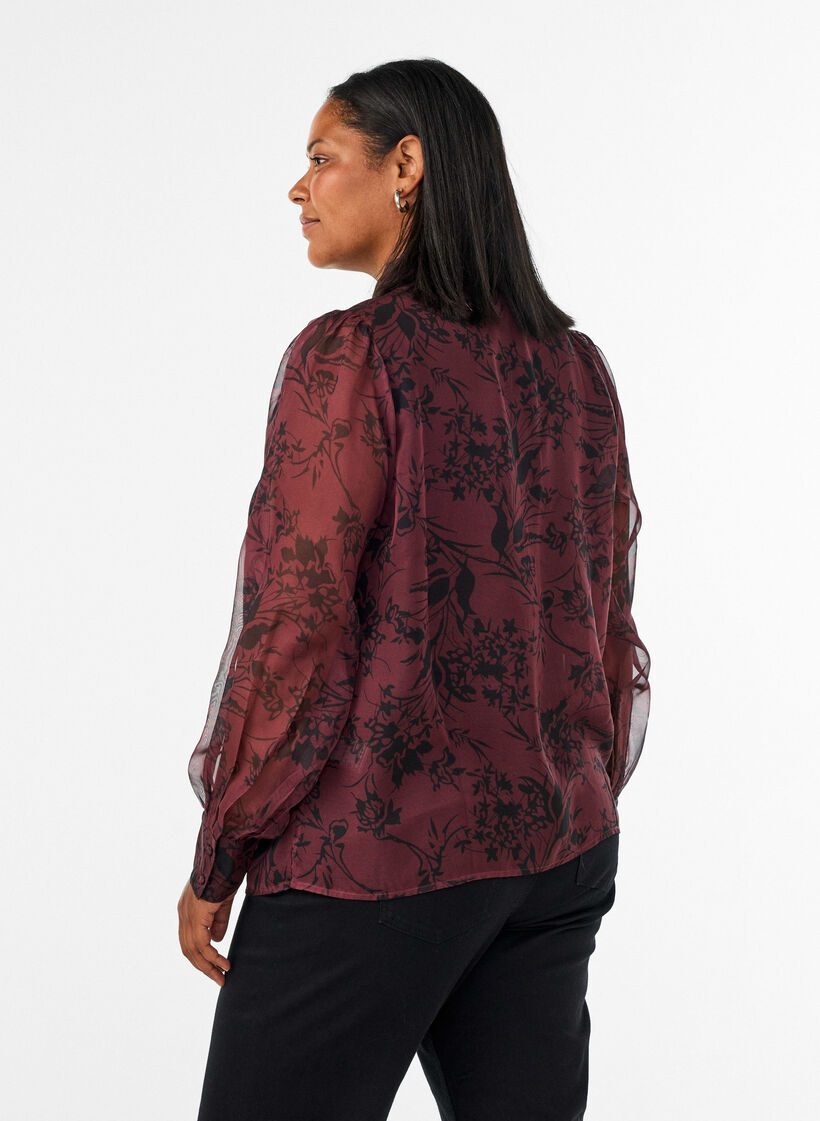 Sheer shirt blouse with floral pattern and tie detail, Dark Bordeaux, Model image number 2