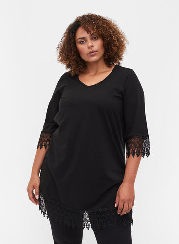 Cotton tunic with 3/4-length sleeves and lace details, Black, Model image number 0