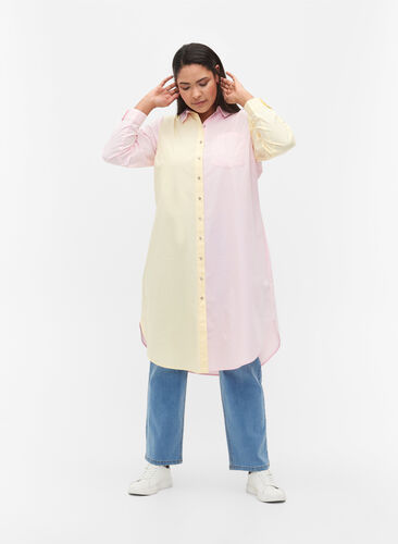 Long cotton shirt with color-block, Popcorn/Pink, Model image number 0