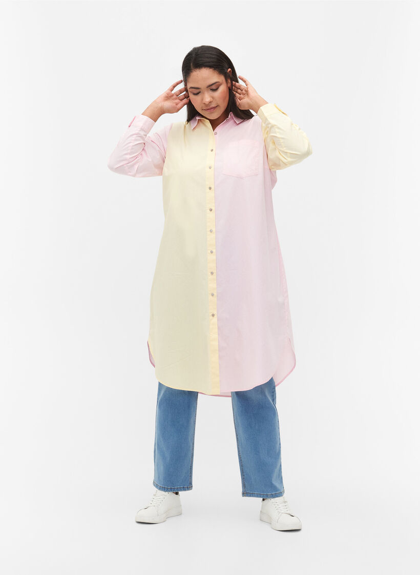 Long cotton shirt with color-block, Popcorn/Pink, Model