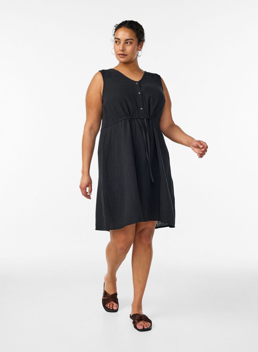 Sleeveless cotton muslin dress with tie string, Black, Model image number 1