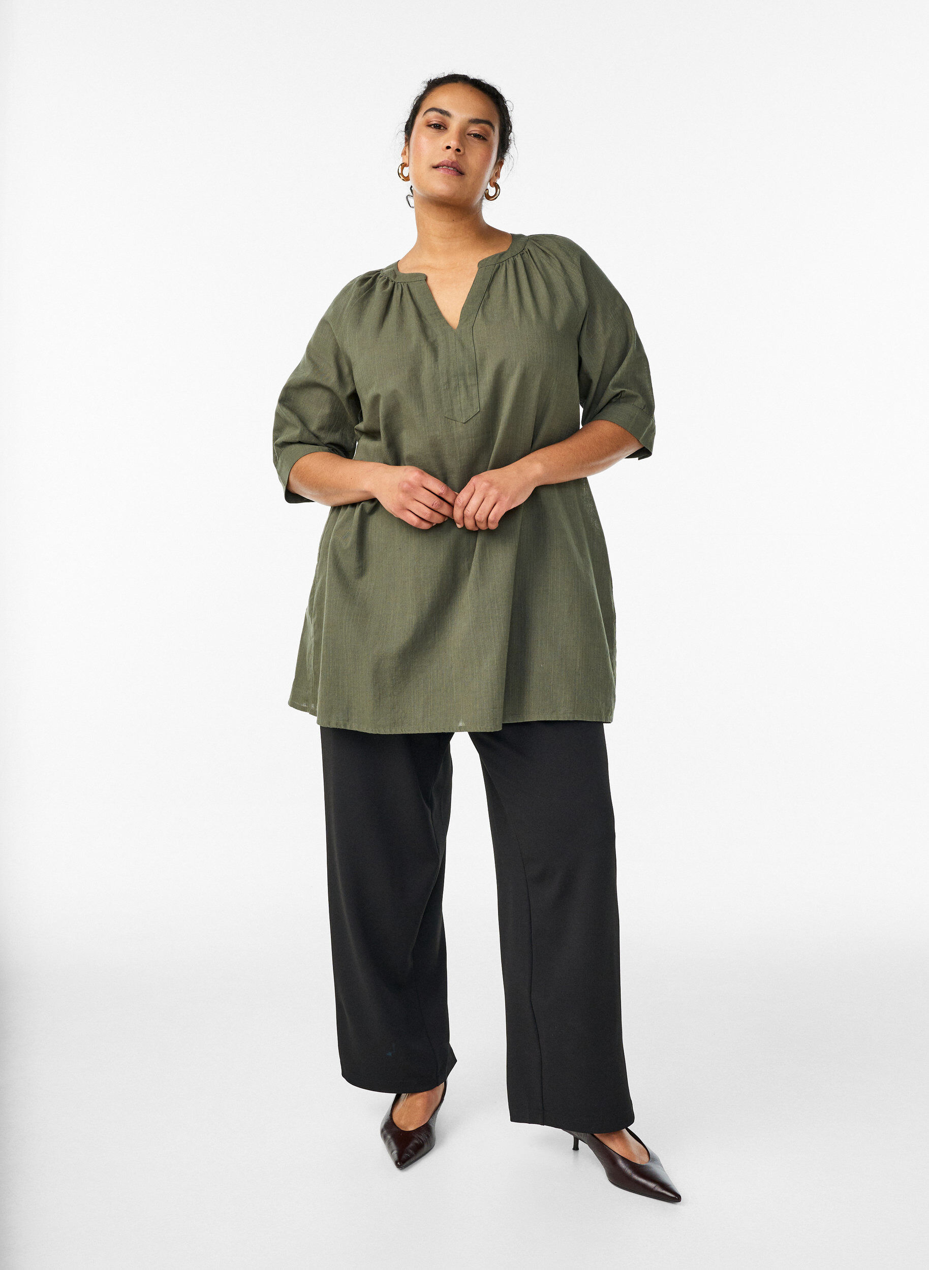 ZizzifashionCotton tunic with a V-neck, Green, Model image number 1