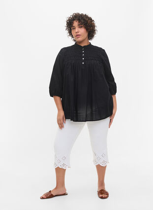 Cotton blouse with 3/4 sleeves and smock, Black, Model image number 2
