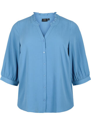 Shirt blouse with 3/4 sleeves and ruffle collar, Moonlight Blue, Packshot image number 0