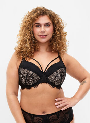 Padded bra with lace and string, Black, Model image number 0