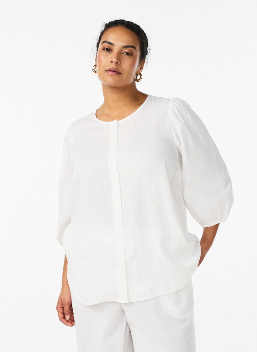 Shirt blouse in linen and viscose with 3/4-sleeves, White, Model image number 0