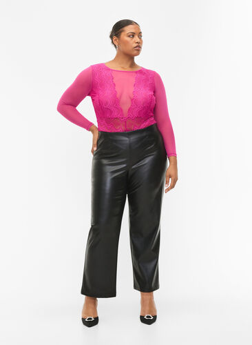 Imitated leather trousers with a wide leg., Black, Model image number 0