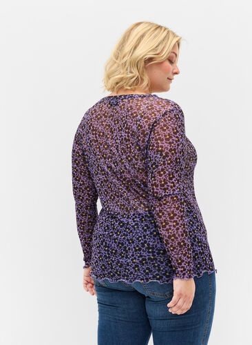 Tight fit mesh blouse with floral print, Purple AOP, Model image number 1