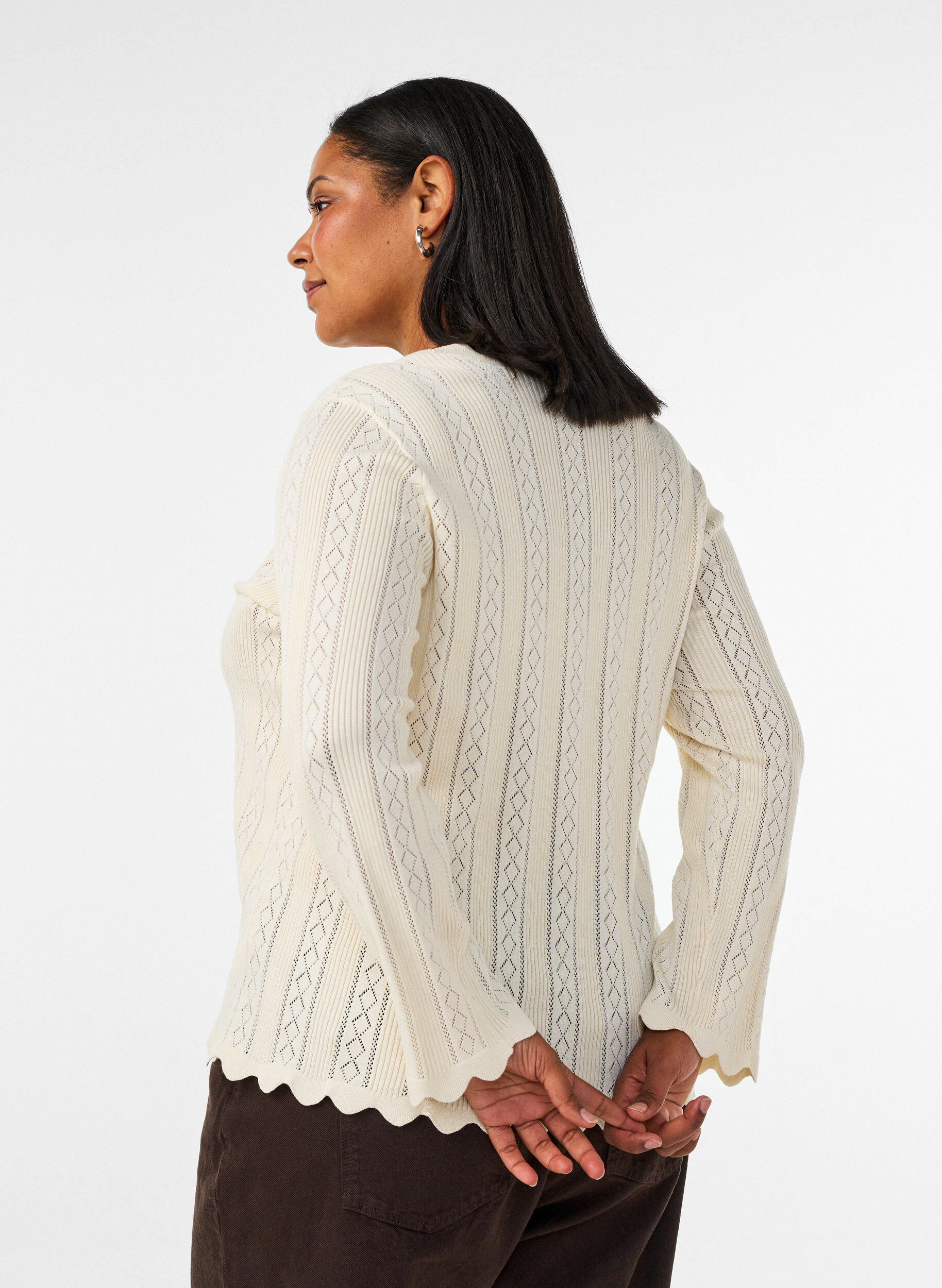 ZizzifashionCardigan with eyelet embroidery and wavy edges, Vanilla, Model image number 2
