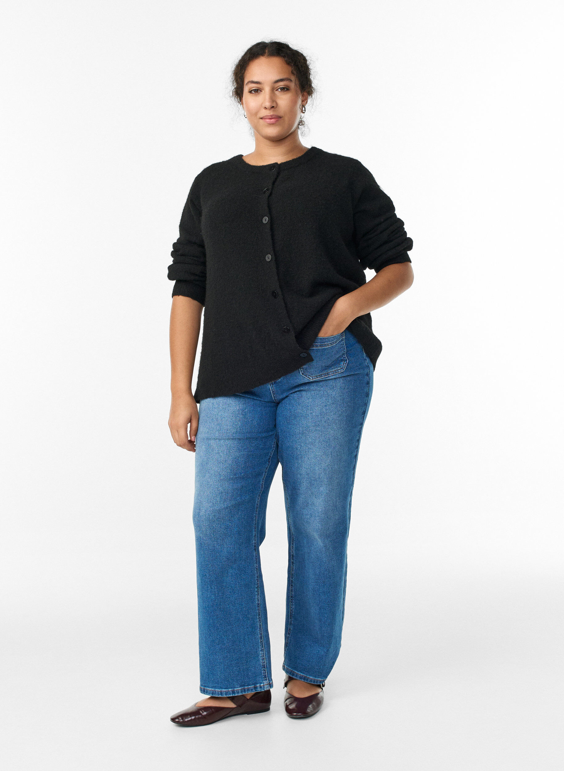 Zizzifashion Knit cardigan with wool and buttons, Black, Model image number 1