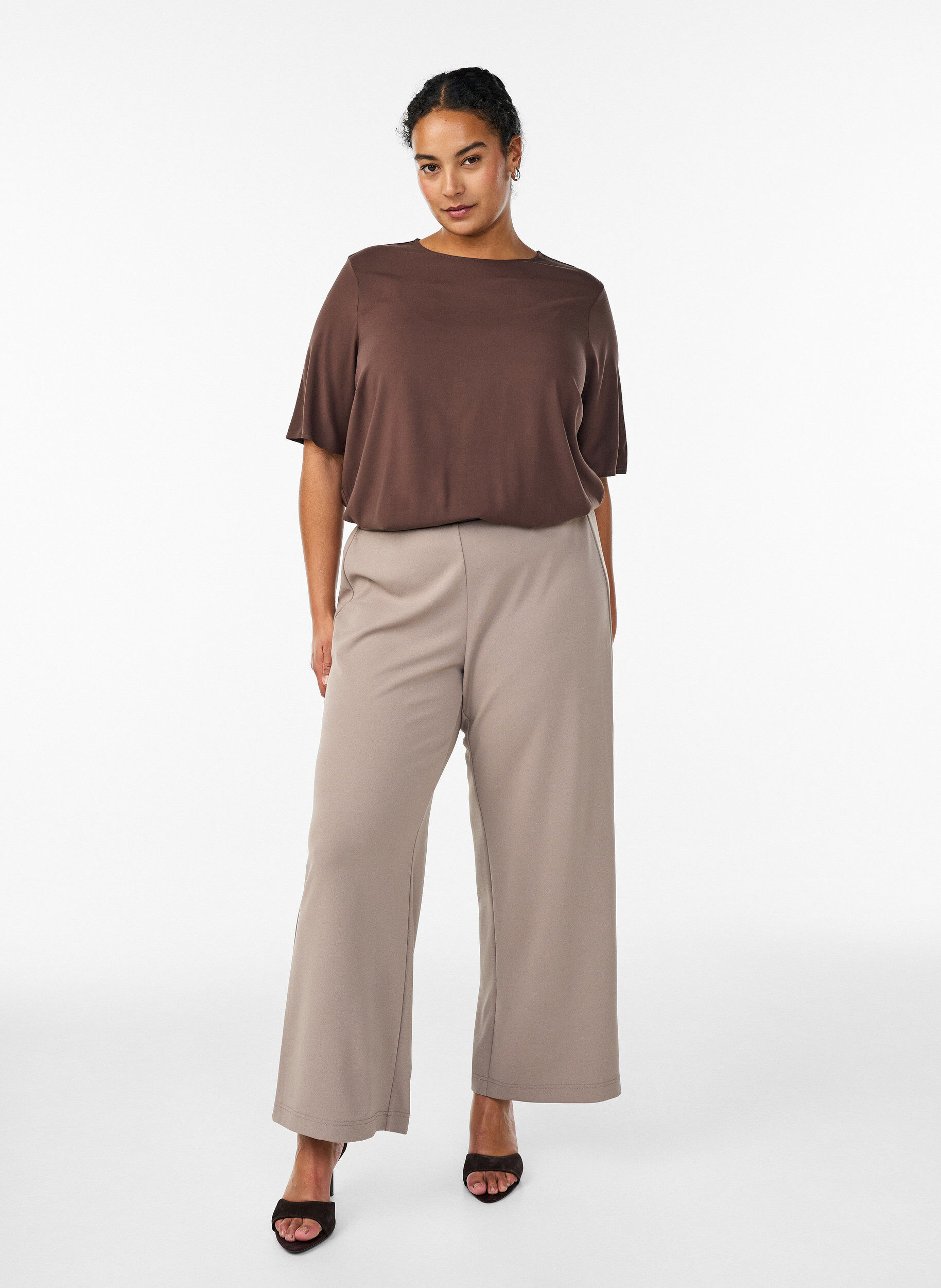 ZizzifashionShort-sleeved woven blouse with round neck, Brown, Model image number 1