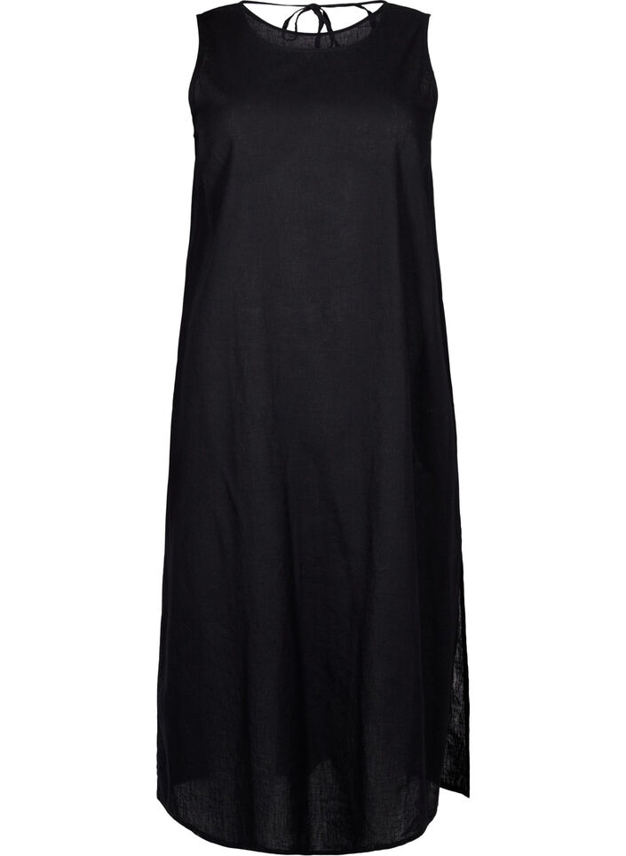Sleeveless cotton blend dress with linen, Black, Packshot image number 0