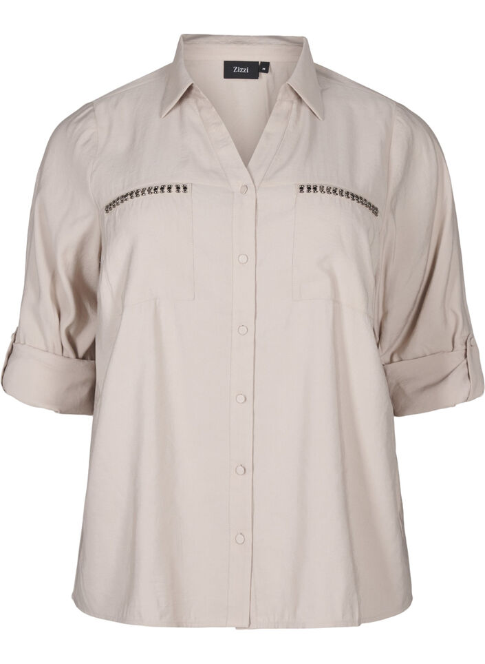 Shirt with studs and 3/4 sleeves, Beige, Packshot image number 0
