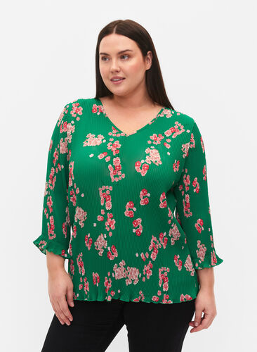 Pleated top with 3/4 sleeves, Jolly Green Flower, Model image number 0