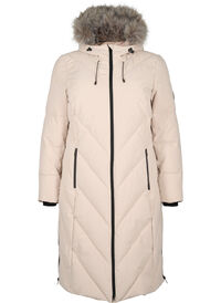 Long winter jacket with hood and faux fur collar