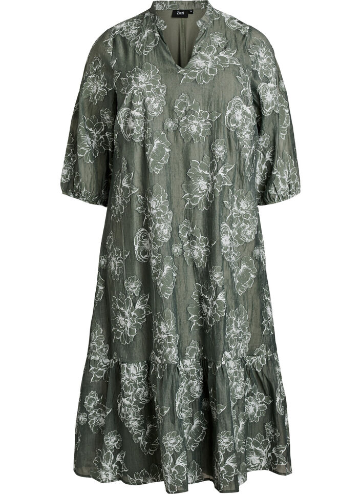 Midi dress with a floral print and sheer 3/4 sleeves, Green, Packshot image number 0