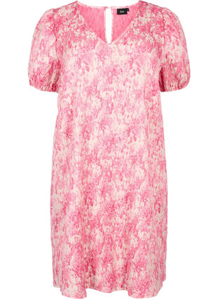 Dress with short puff sleeves, Chateau Rose AOP, Packshot image number 0
