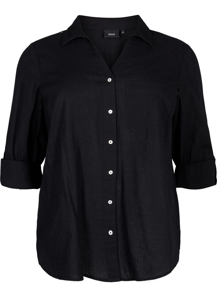 Shirt blouse with button closure in cotton-linen blend, Black, Packshot image number 0
