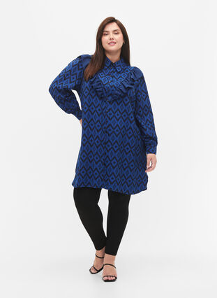 Long viscose shirt with print and frills, True blue w. Black, Model image number 2