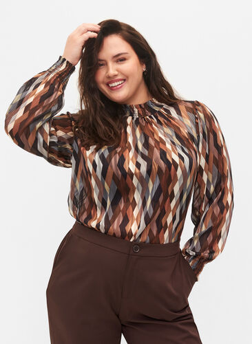 Printed blouse with smock, Earthy Zig Zag, Model image number 0