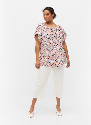 Short-sleeved floral viscose blouse, Dusty Flower Mix, Model image number 2