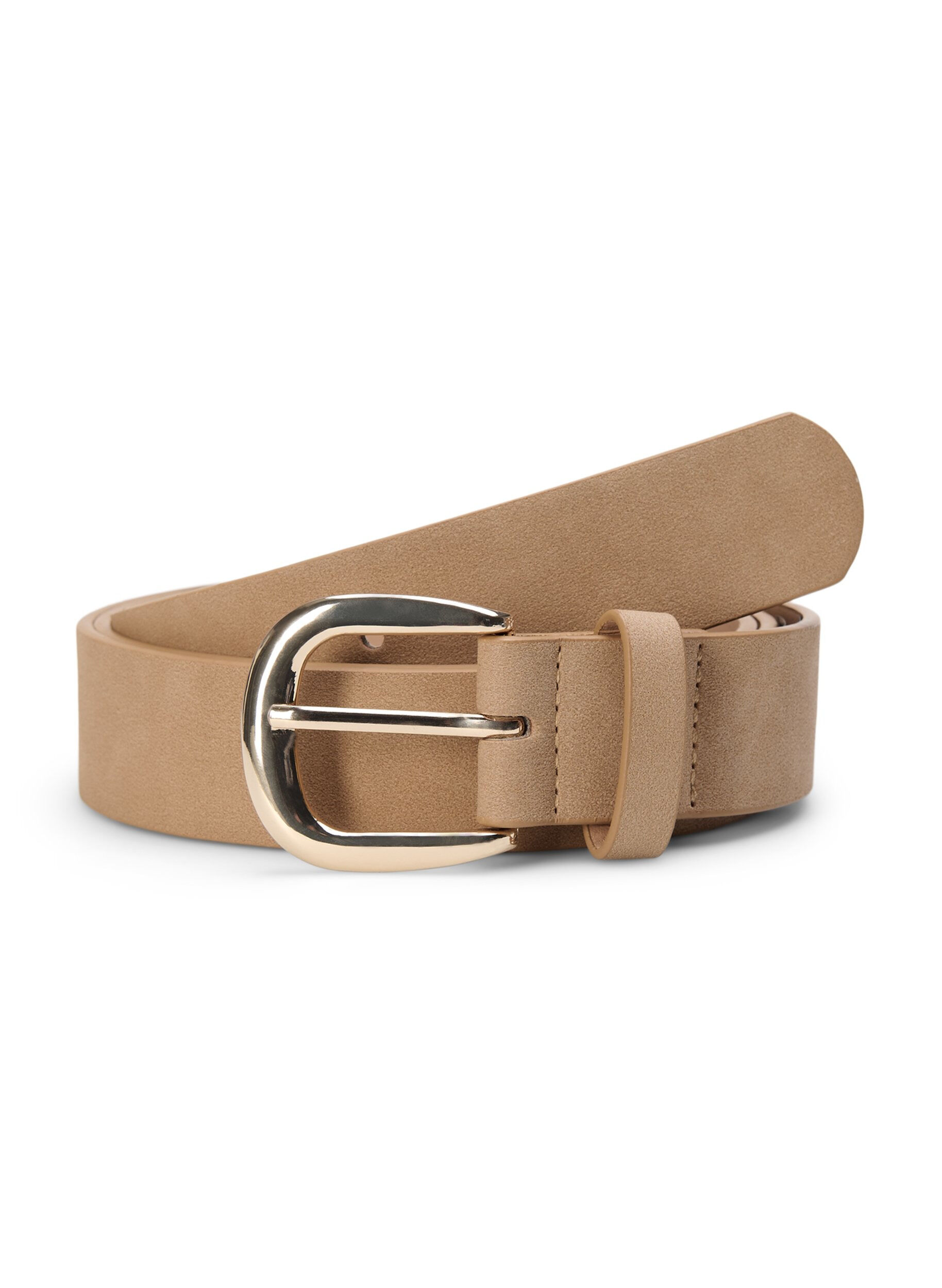 Zizzifashion Faux leather belt with gold-colored buckle, Beige, Packshot image number 0