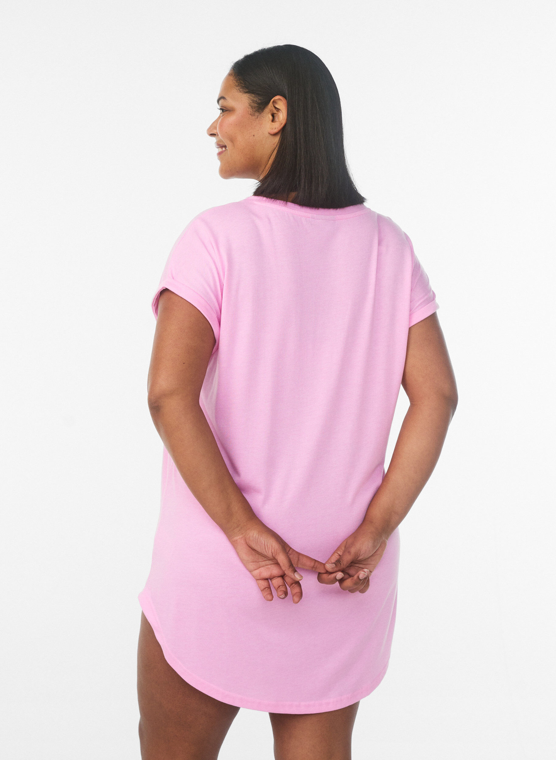 Zizzifashion Short sleeve nightgown with text print, Pink, Model image number 2