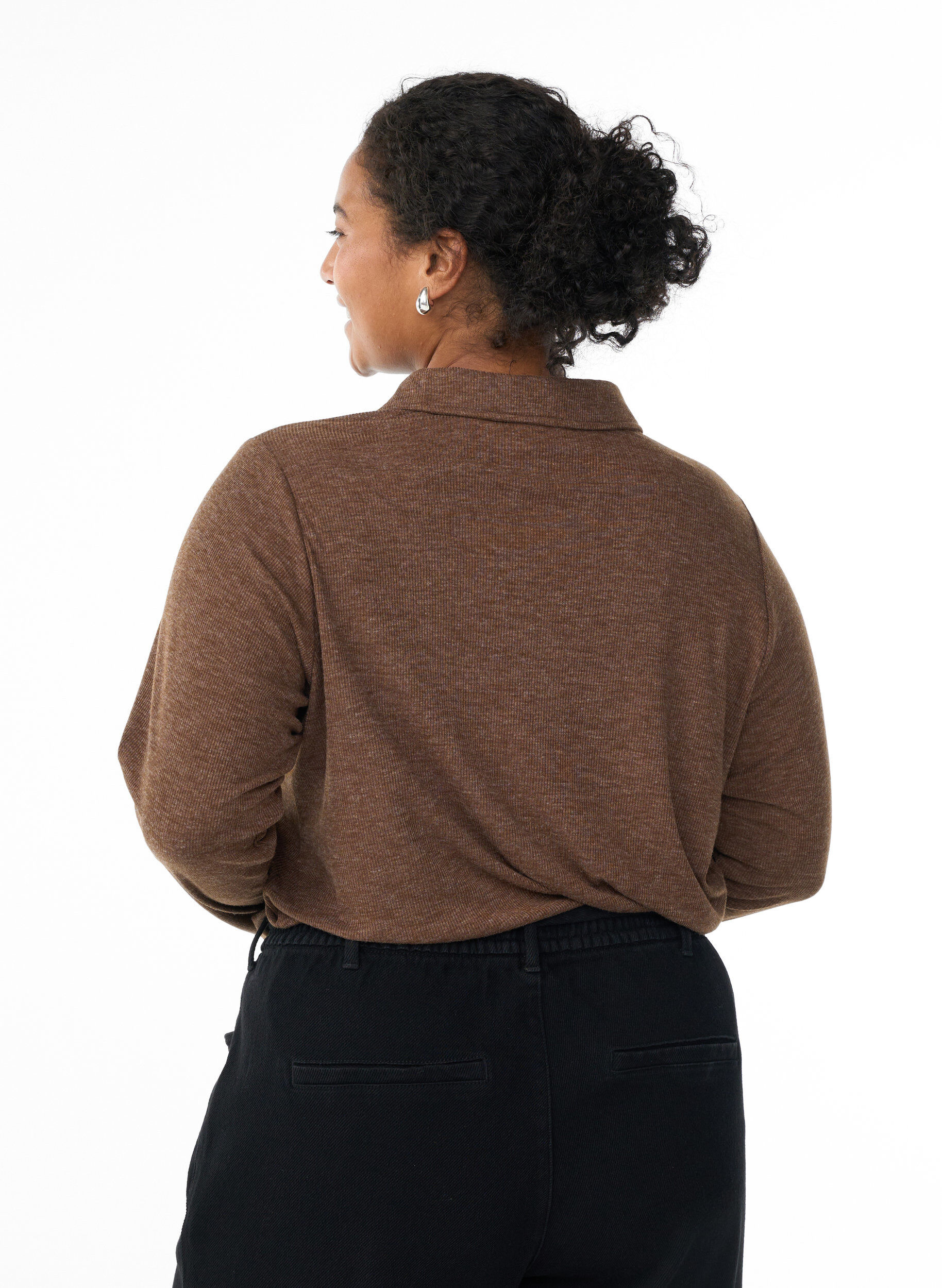 Zizzifashion Long-sleeved polo in stretchy ribbed quality, Brown, Model image number 2